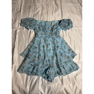 Women's Blue Rain Blue Floral Off-Shoulder Romper S
